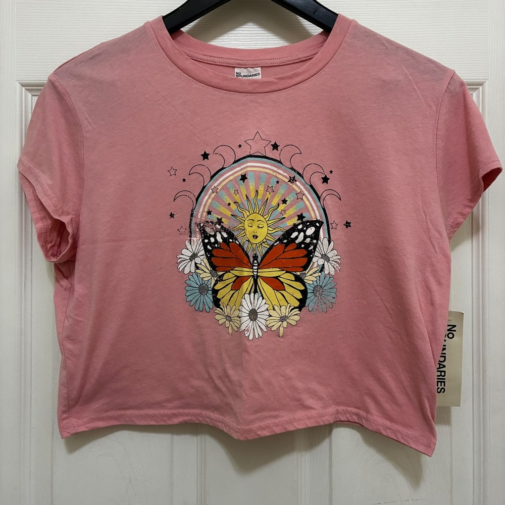 NEW No Boundaries Butterfly Celestial Sun Moon Baby Tee Cropped Shirt Pink Large